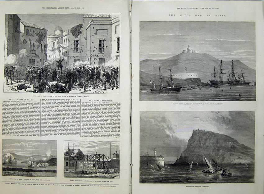 Antique Old Print Civil War Spain 1873 Seville Fort Navidad Barcelona Art 19th