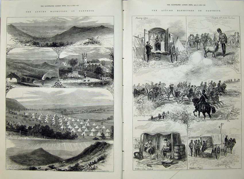 Old Antique Print 1873 Dartmoor Woodland Fort Camp Waggon Horse Church 19th