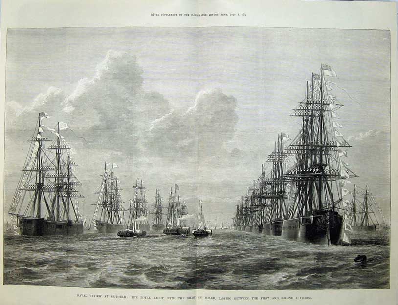 Original Old Antique Print Naval Review Spithead 1873 Shah Royal Yacht Ships