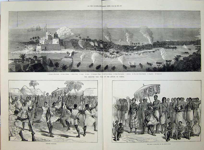 Old Antique Print 1873 Ashantee War Attack Elmina King War-Dance Natives 19th