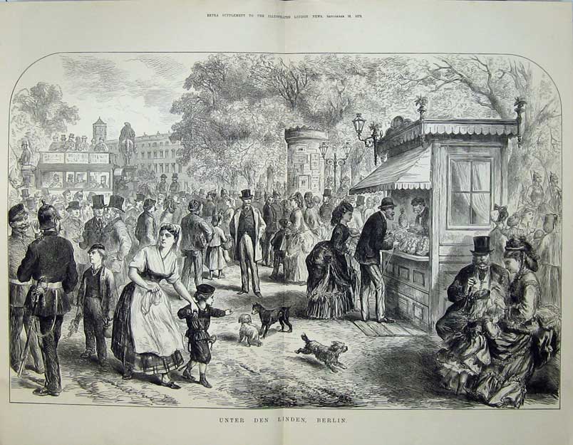 Antique Old Print Unter De Linden Berlin Germany 1873 People Park Dog Art 19th