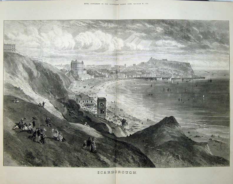 Original Old Antique Print 1873 View Scarborough Beach Houses ArtVictorian