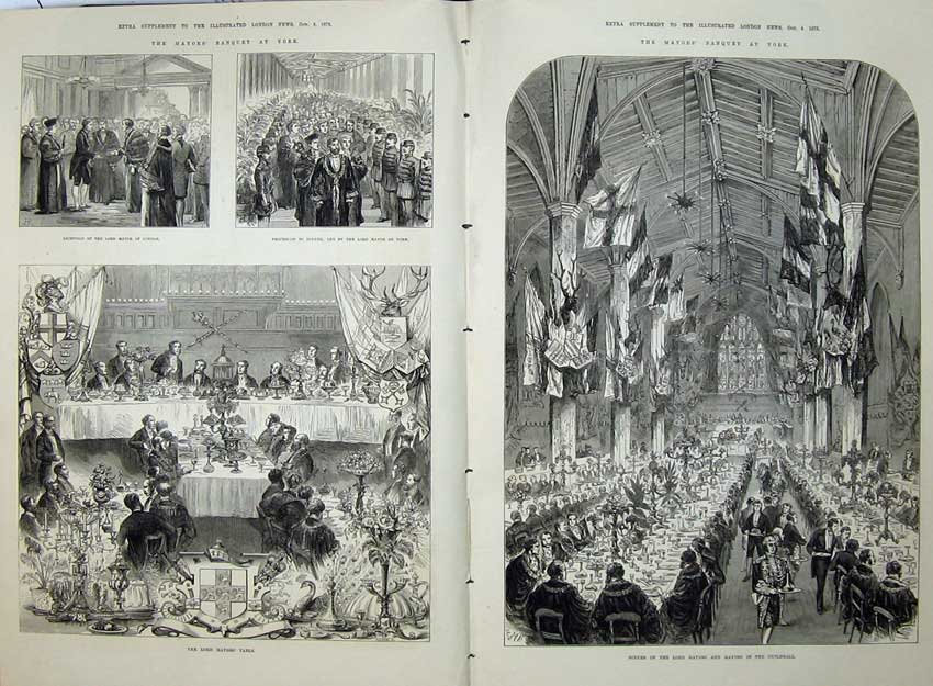 Old Antique Print 1873 Dinner Lord Mayor London Guildhall York Banquet 19th
