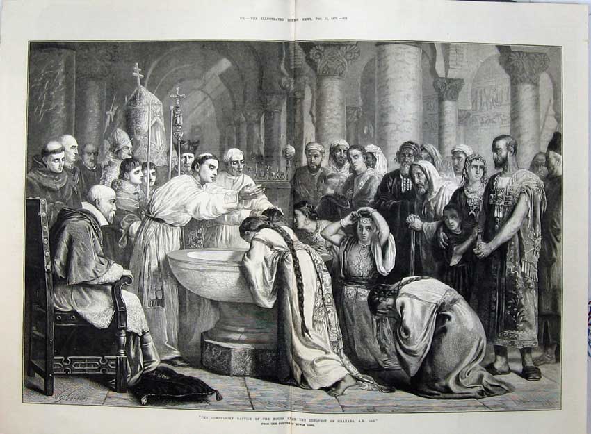 Old Antique Print 1873 Baptism Moors Conquest Granada Church Edwin Long 19th