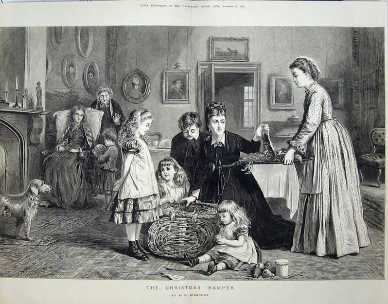 Antique Old Print 1873 Christmas Hamper Children Basket Bird Dog Fine Art 19th