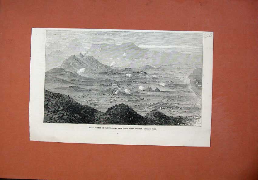 Original Old Antique Print 1873 Bombardment Carthagena Mount Porman War 19th