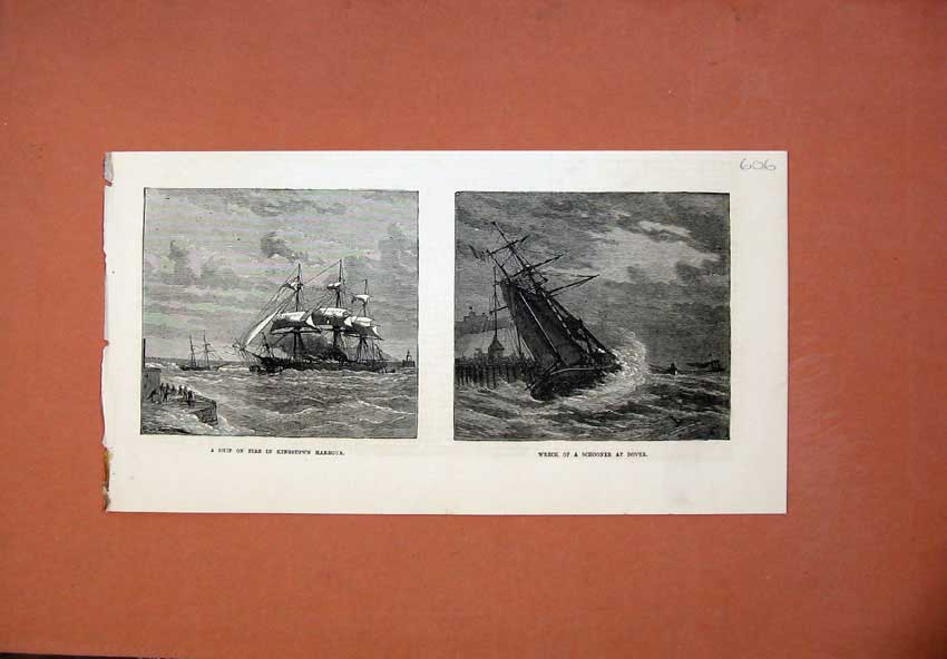 Original Old Antique Print 1873 Ship Fire Kingstown Harbour Schooner Dover Art