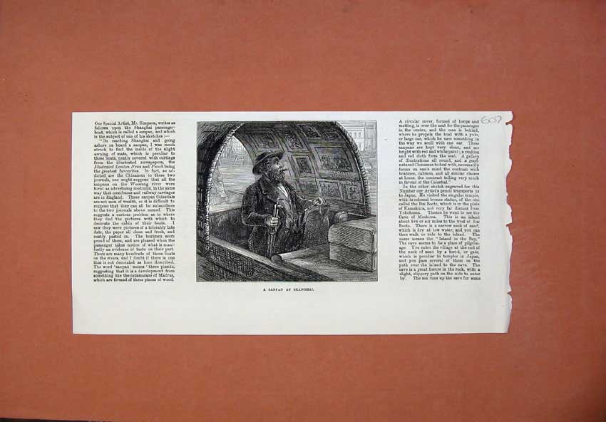 Original Old Antique Print 1873 Fine Art Sanpan Shanghai China Man Victorian