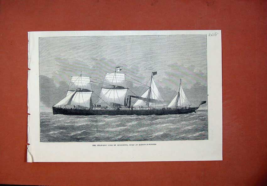 Original Old Antique Print 1873 Steam Ship Duke Devonshire Barrow-In-Furness
