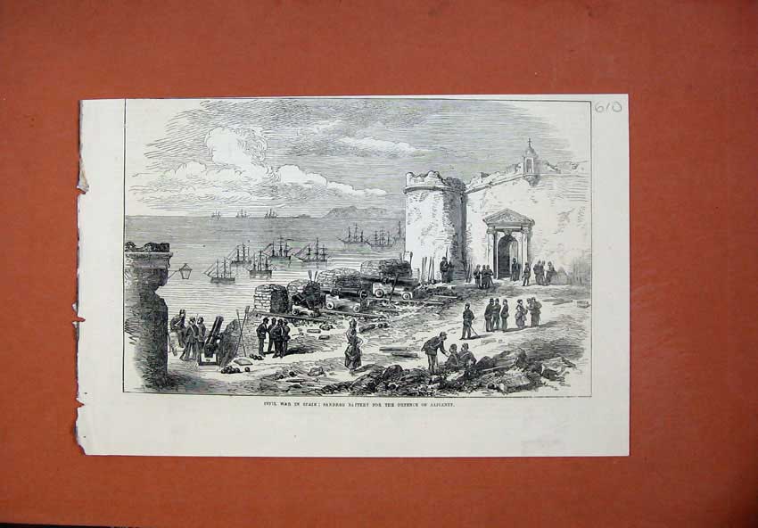 Old Antique Print 1873 Civil War Spain Sandbag Battery Defence Alicante 19th
