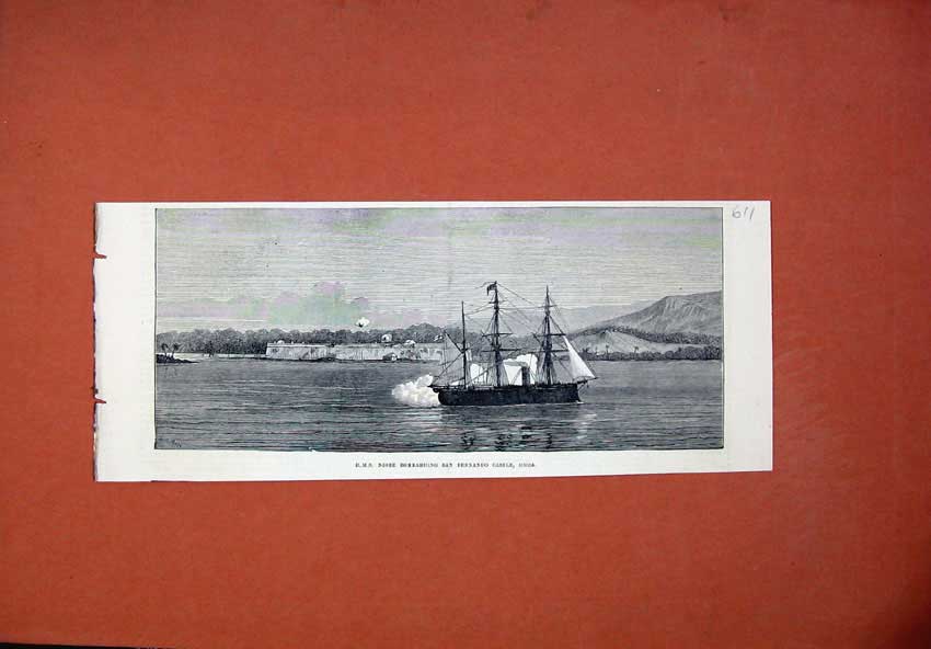 Original Old Antique Print 1873 Ship Niobe Bombarding San Fernando Castle Omoa