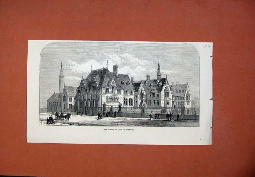 Old Antique Print 1873 New Owens College Manchester Building Architecture 19th