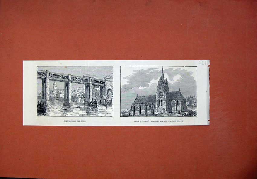 Original Old Antique Print 1873 Boat Race River Tyne Patteson Church Norfolk