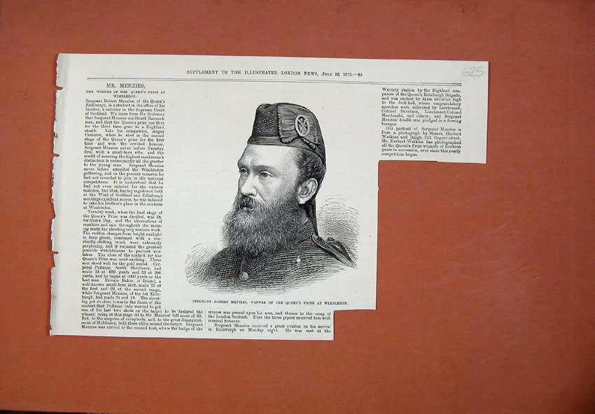 Old Antique Print 1873 Sergeant Robert Menzies Queens Prize Wimbledon Art 19th