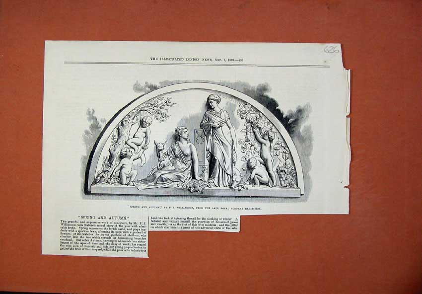 Original Old Antique Print 1873 Sculpture Spring Autumn Nature Williamson 19th