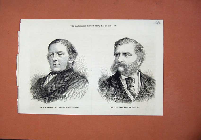 Old Antique Print 1873 Sir Harcourt Solicitor Walker Mayor Liverpool Men 19th