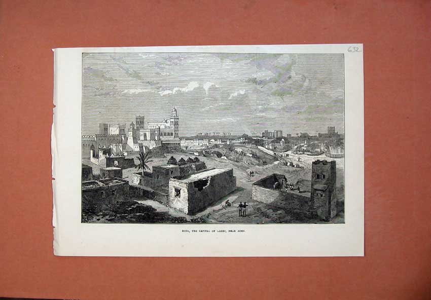 Original Old Antique Print 1873 View Hota Capital Lahej Aden Buildings 19th