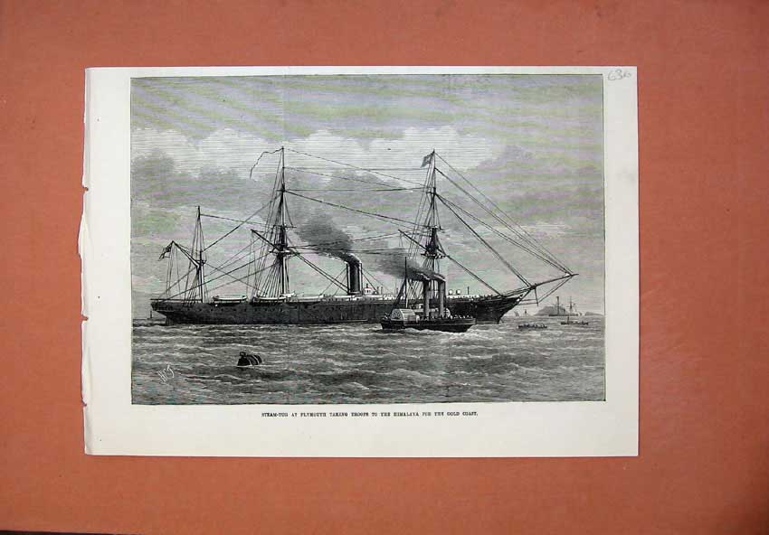 Original Old Antique Print 1873 Steam-Tug Plymouth Troops Himalaya GCoast Ship
