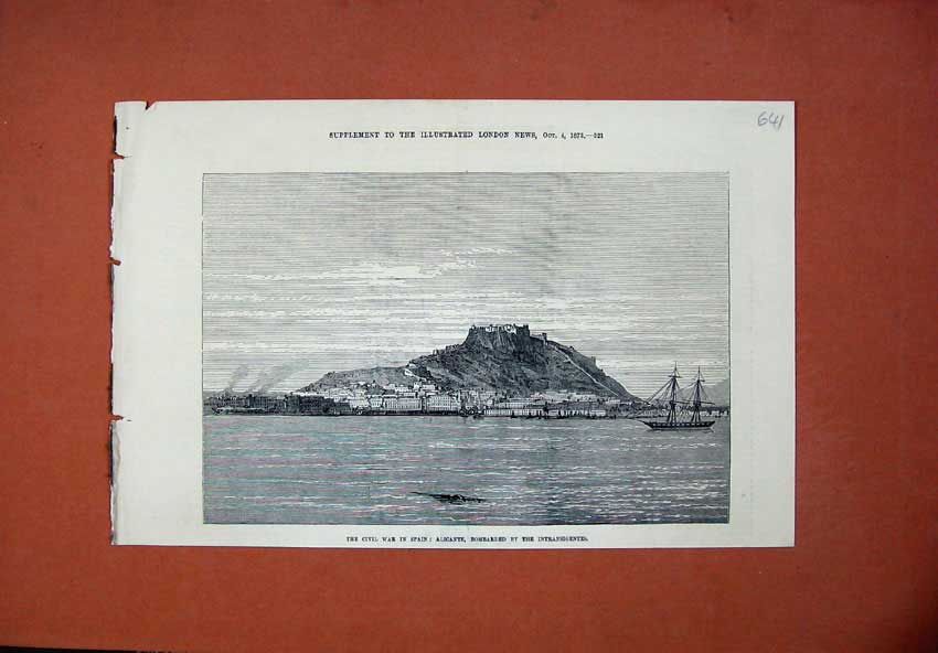 Old Antique Print 1873 Civil War Spain Alicante Bombardment Ships War Art 19th
