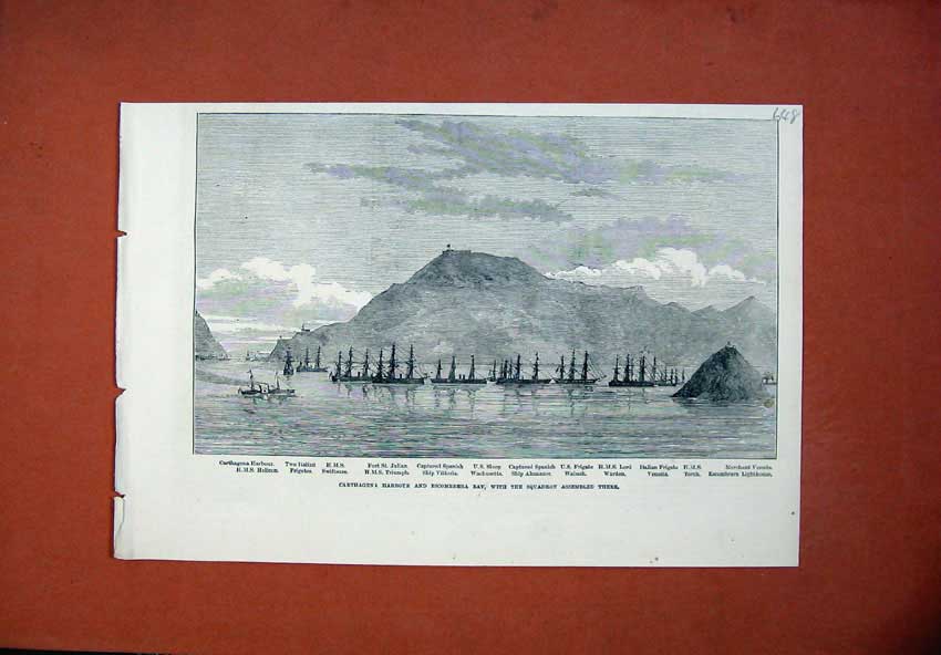 Original Old Antique Print 1873 Carthagena Harbour Ships Vittoria Triumph Torch