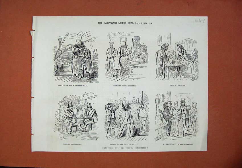 Old Antique Print 1873 Vienna Exhibition Geologist Jeweller Beer-Garden 19th