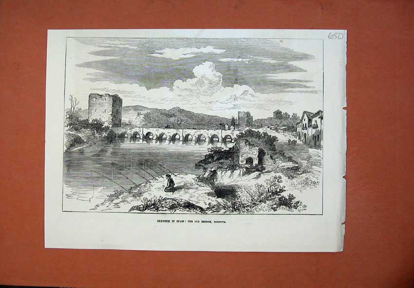 Original Old Antique Print Spain 1873 Bridge Cordova Man Fishing Houses 19th
