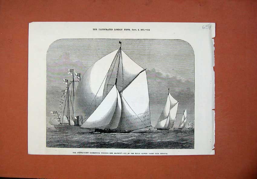 Old Antique Print 1873 Cutter Yacht Kriemhilda Royal Albert Regatta Ship 19th