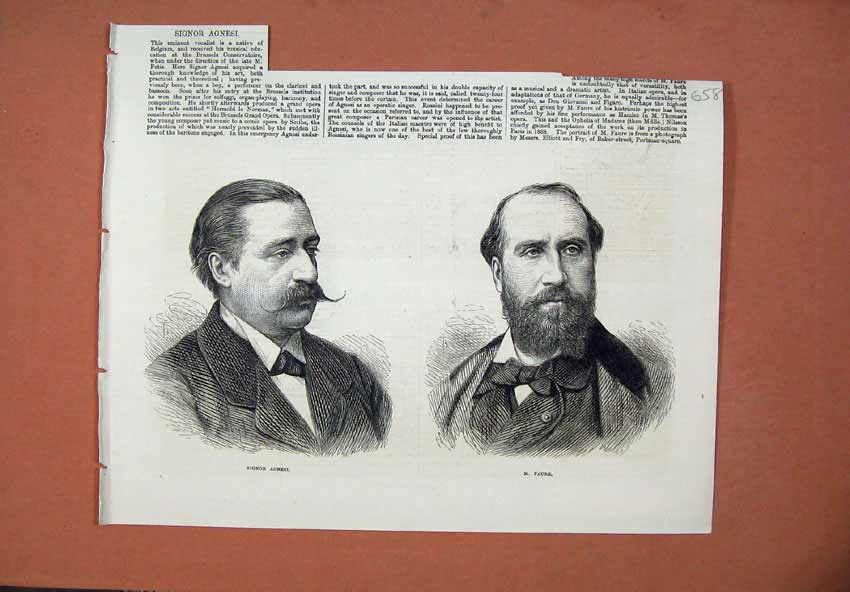 Old Antique Print 1873 Portrait Signor Agnesi Faure Men Opera Theatre Art 19th