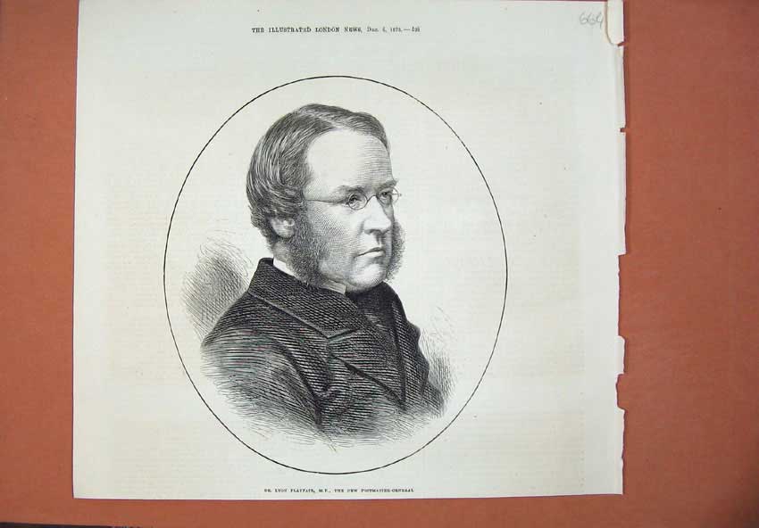 Old Antique Print 1873 Portrait Dr Lyon Playfair Postmaster-General Man 19th