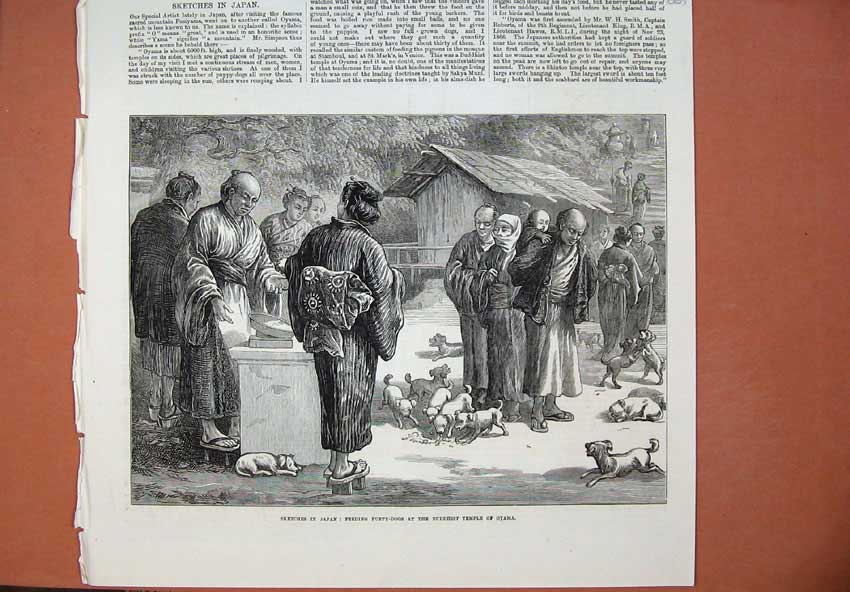 Original Old Antique Print Japan 1873 Feeding Puppy Dogs Buddhist Temple Oyama