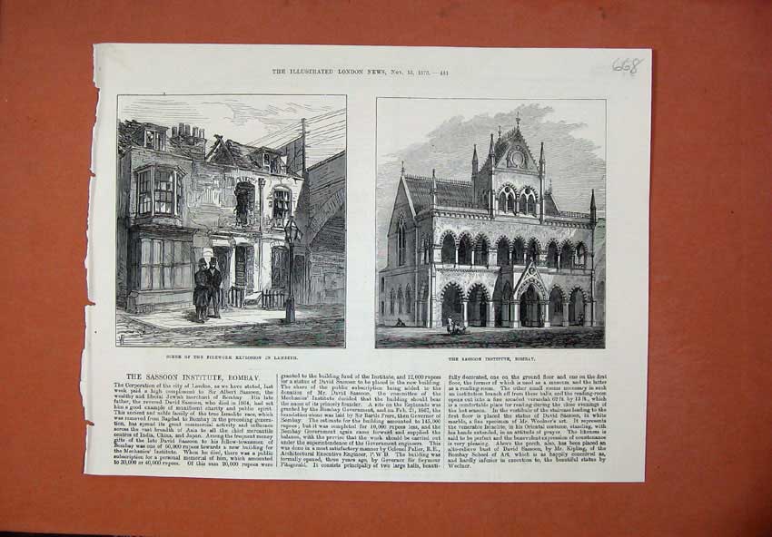 Original Old Antique Print 1873 Scene Firework Explosion Lambeth Sassoon Bombay