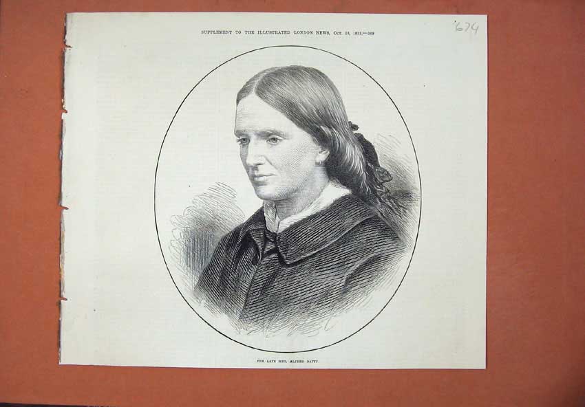 Original Old Antique Print 1873 Portrait Late Mrs Alfred Gatty Woman Victorian