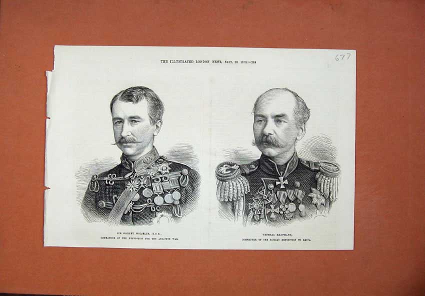 Old Antique Print 1873 Sir Garnet Wolseley General Kaufmann Commander War 19th