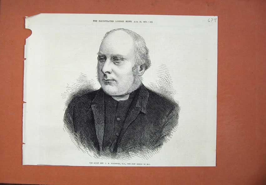 Original Old Antique Print 1873 Portrait Rev. Woodford New Bishop Ely Man 19th