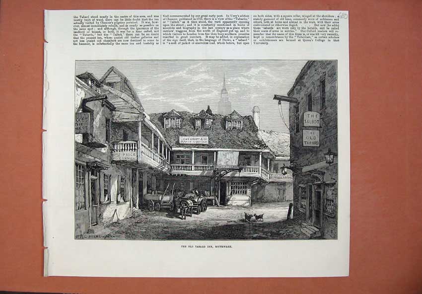 Original Old Antique Print 1873 Fine Art Tabard Inn Southwark Street Horse Dog