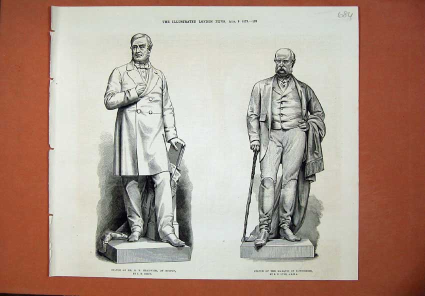 Original Old Antique Print 1873 Statue Chadwick Bolton Marquis Downshire Men