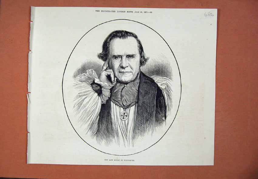 Original Old Antique Print 1873 Portrait Late Bishop Winchester Man Church 19th