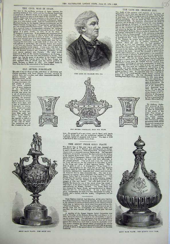 Old Antique Print 1874 Sir Charles Fox Ascot Race Plate Cup Queen'S Vase 19th