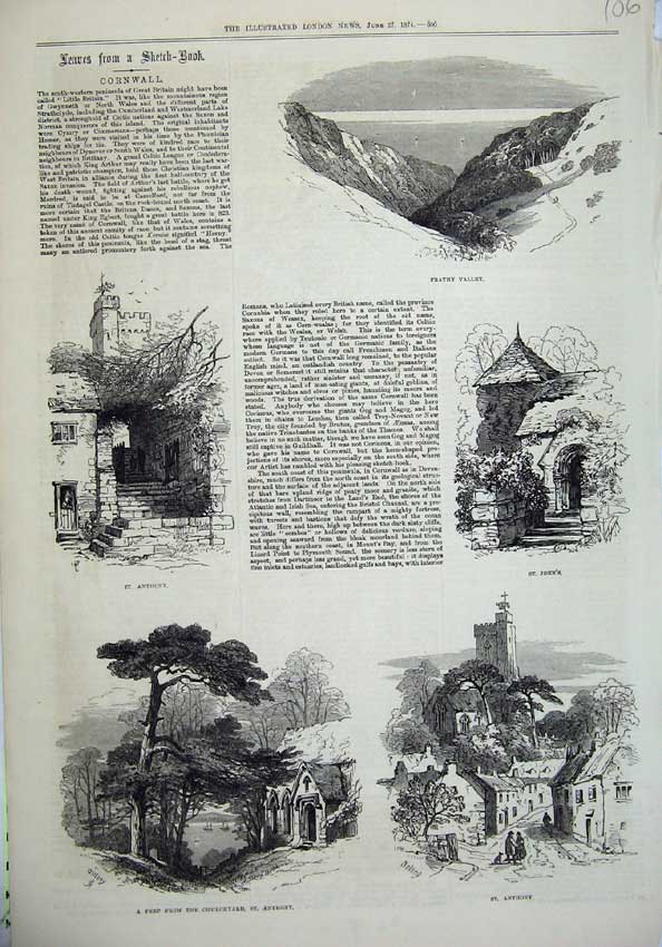 Old Antique Print Cornwall 1874 Frathy Valley St Anthony John Churchyard 19th
