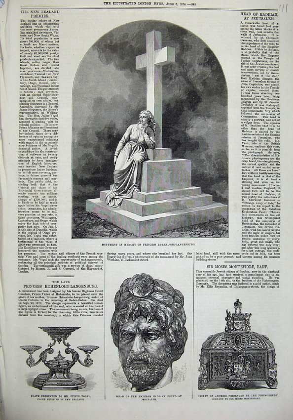Old Antique Print 1874 Monument Princess Head Emperor Hadrian Man Casket 19th
