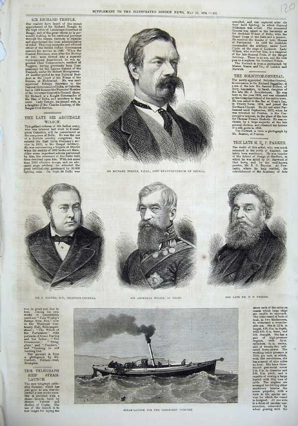 Old Antique Print 1874 Richard Temple Holker Wilson Parker Faraday Ship 19th