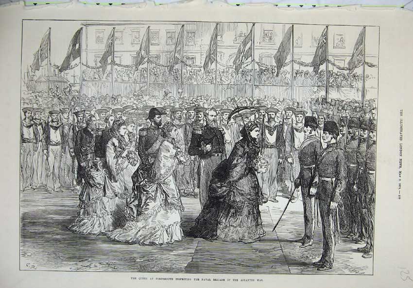 Original Old Antique Print 1874 Queen Portsmouth Naval Brigade Ashantee War