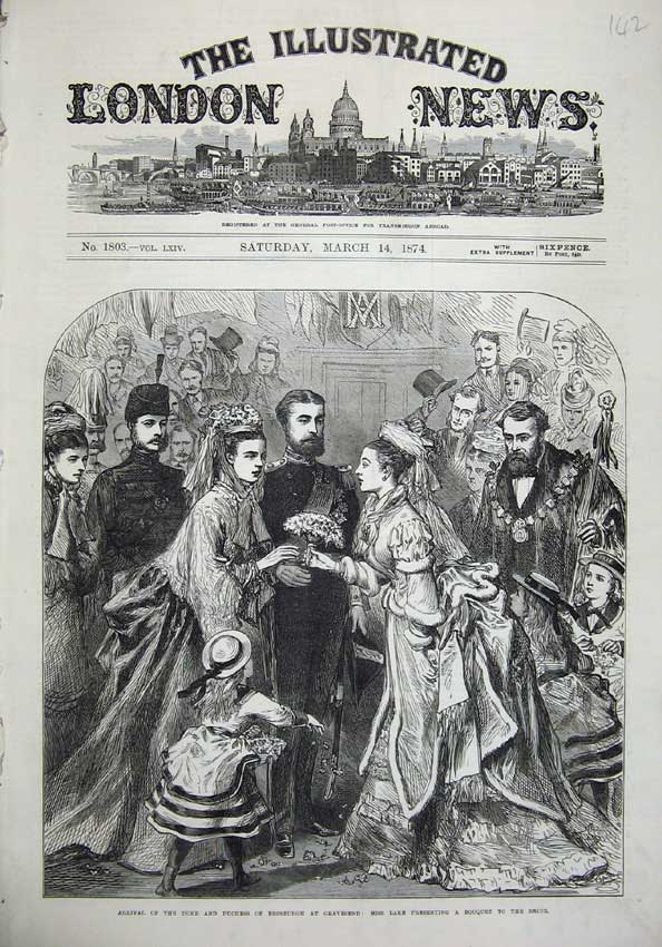 Old Antique Print 1874 Duke Duchess Edinburgh Lake Bouquet Bride Wedding 19th