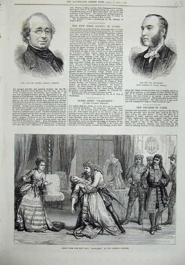 Original Old Antique Print 1874 Olympic Theatre Clancarty Morson Jex-Blake Men