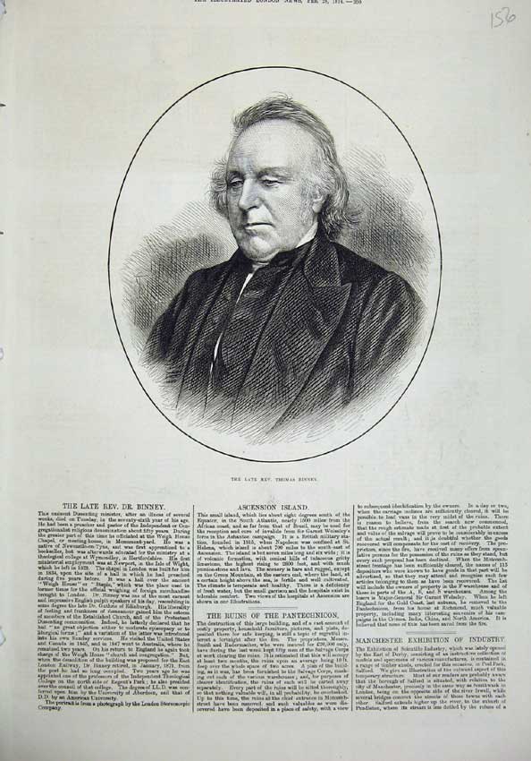 Original Old Antique Print 1874 Portrait Rev. Thomas Binney Man Minister 19th