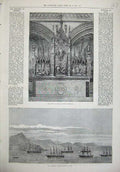 Old Antique Print 1874 Reredos Exeter Cathedral Channel Fleet Ships Vigo 19th