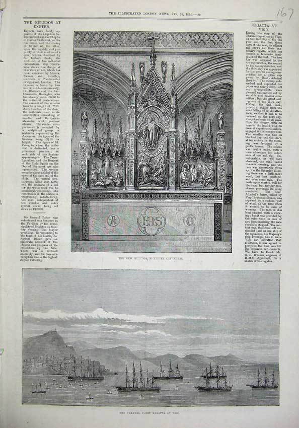 Old Antique Print 1874 Reredos Exeter Cathedral Channel Fleet Ships Vigo 19th