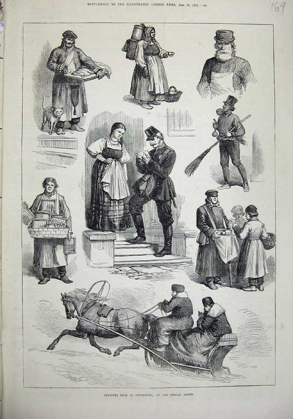 Old Antique Print 1874 St Petersburg Snow Horse Sledge Market Sellers Men 19th