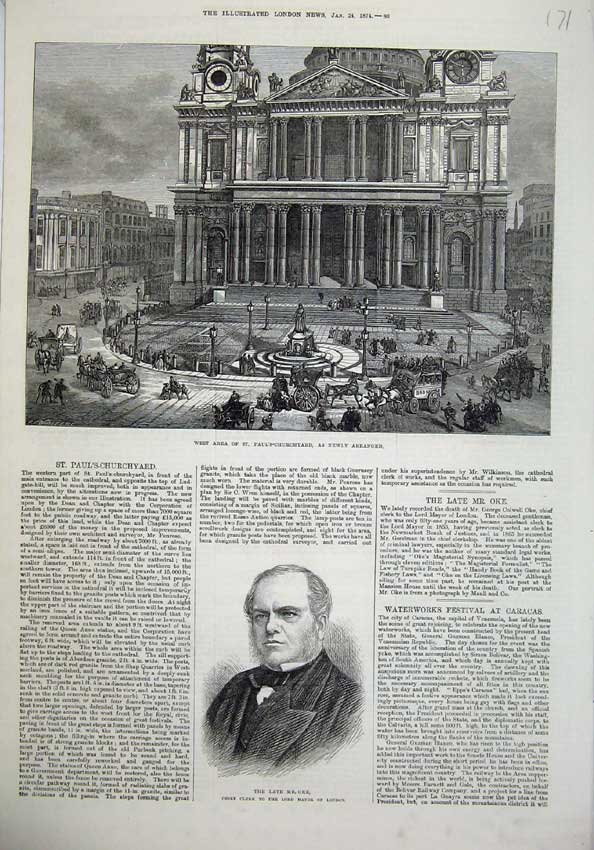 Old Antique Print 1874 St Paul'S Churchyard Statue Oke Lord Mayor London 19th