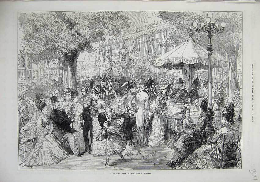 Original Old Antique Print 1874 Charity Fete Champs Elysees Paris France People